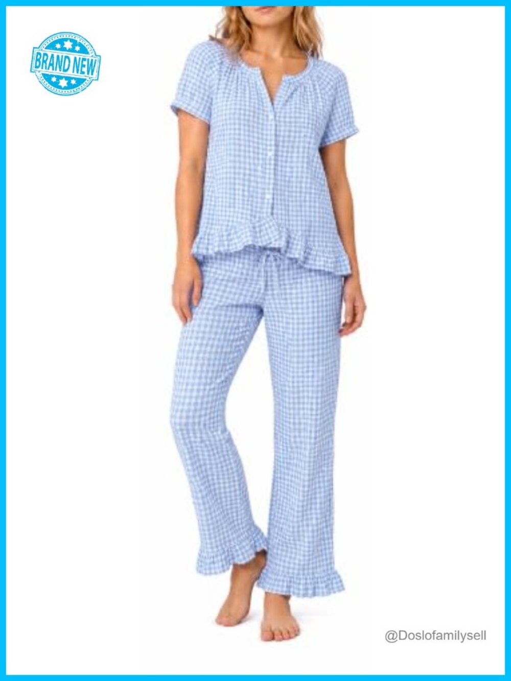 Cotton Gingham Pajama Set Ruffle Button Front Babydoll Loungewear